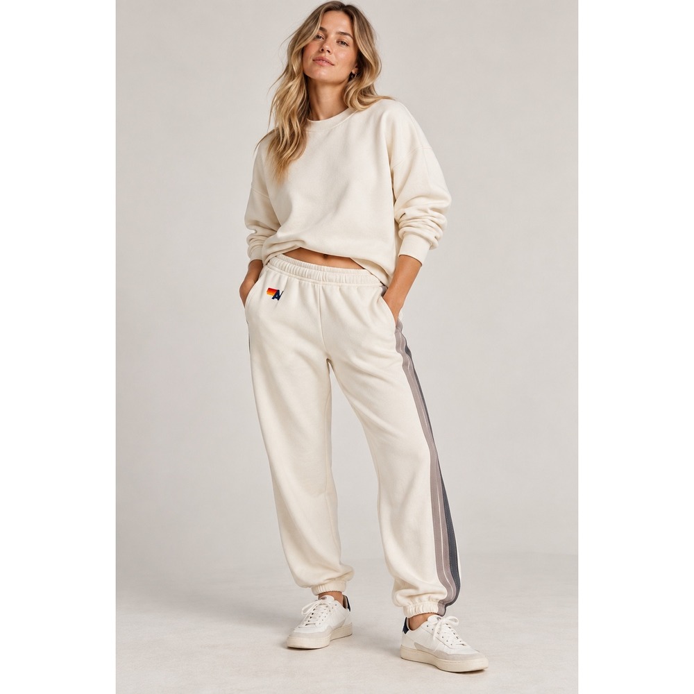 Aviator Nation Women Cream Rainbow Logo Stripe Sweatpants Joggers Small